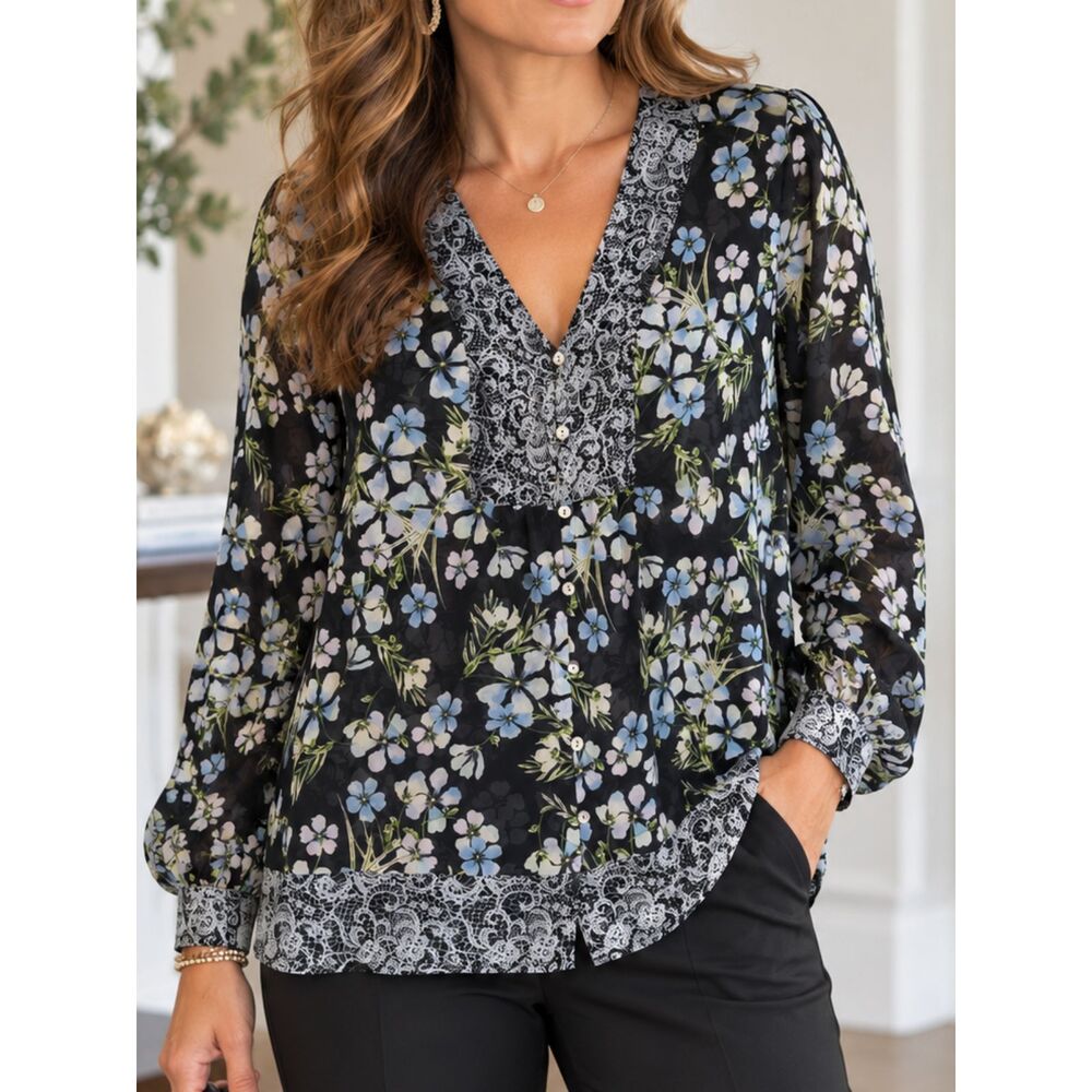 J.Jill Floral Lace Print Sheer Blouse Black Blue Long Sleeve Boho Romantic Large